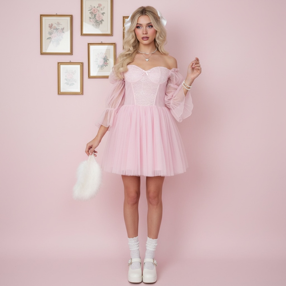 Sugar Thrillz Mystic Fairy Tail Lace Tulle Corset Mini Dress Large Coquette Pink